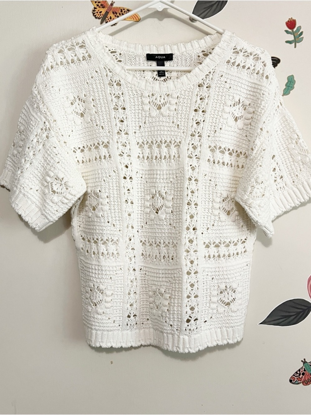 Aqua Open-Knit Short Sleeve Sweater Top in White - Picture 3 of 9